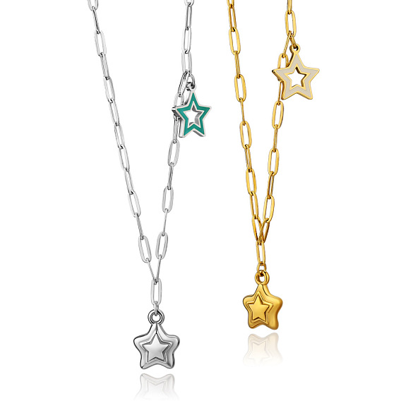 304 Stainless Steel Enamel Pendant Necklaces, Star
