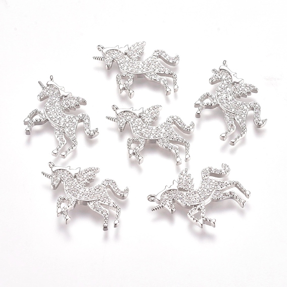Brass Micro Pave Cubic Zirconia Pendants, Unicorn, Clear
