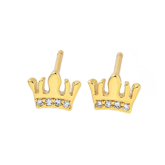 Серьги-гвоздики с короной из латуни с микропаве и прозрачным фианитом, без кадмия и без свинца, долговечный