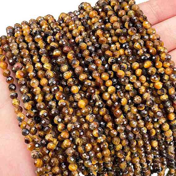 Natural Tiger Eye Beads Strands, Faceted, Round, Grade AB+