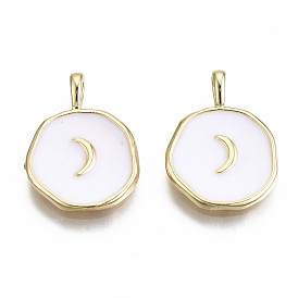 Brass Enamel Pendants, Real 18K Gold Plated, Nickel Free, Flat Round with Moon