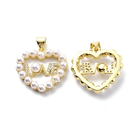 Brass Clear Cubic Zirconia Pendants, with ABS Plastic Imitation Pearl, Heart with Word Love Charm, for Valentine's Day