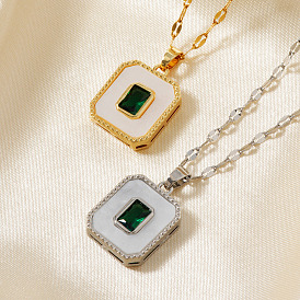 Elegant Vintage Brass Green Cubic Zirconia Square Pendant Dapped Chain Necklace for Women