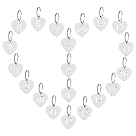 Nbeads 201 Stainless Steel Numbered Marking Identification Hanging Tags, Luggage Labels, ID Tag, Number Markers, with Iron Key Rings, Heart with Hollow Number 1~20