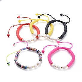 Adjustable Nylon Thread Braided Bead Bracelets, with Natural Cultured Freshwater Pearls and Handmade Polymer Clay Beads, Brass Beads, Golden