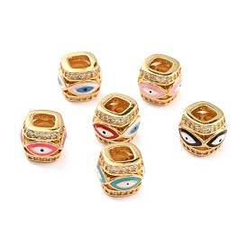 Real 18K Gold Plated Brass Micro Pave Clear Cubic Zirconia Beads, with Enamel, Large Hole Beads, Cadmium Free & Nickel Free & Lead Free, Column with Evil Eyes