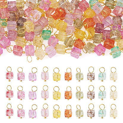 100Pcs 10 Colors Transparent Crackle Glass Charms, Cube, with Brass Loop