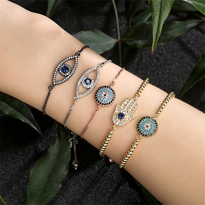 Geometric Evil Eye Adjustable Bracelet with Copper Plating and Micro Inlaid Zircon Stones for Women's Jewelry