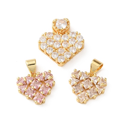 Brass Micro Pave Cubic Zirconia Pendants, Heart Charms, Cadmium Free & Lead Free, Rack Plating, Long-Lasting Plated, Real 18K Gold Plated