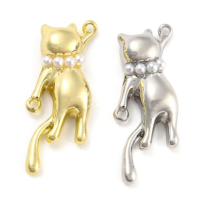 Alloy Connector Charms with ABS Plastic Imitation Pearl, Cat Shape Links