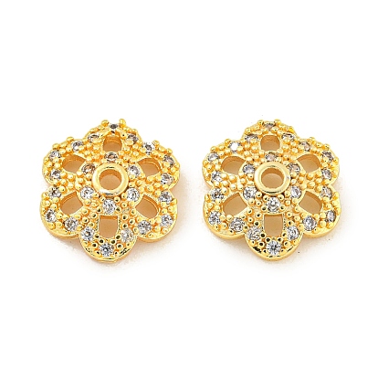 Bouchons de perles en laiton plaqué en rack, micro pavés en zircone cubique transparent, plaqué longue durée, sans plomb et sans cadmium, fleur