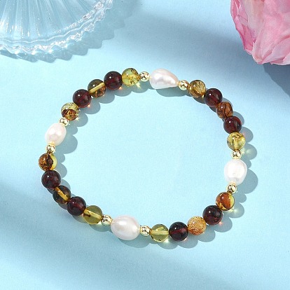 Эластичные браслеты из натурального жемчуга и янтаря для женщин, круглые, С немагнитным синтетическим гематитом