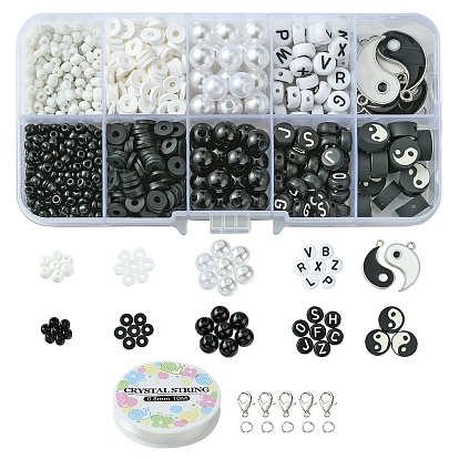 DIY Yin Yang Theme Jewelry Set Making Kit, Include Round Glass Seed & Letter Acrylic & Polymer Clay & ABS Plastic Beads, Alloy Enamel Pendants, Iron Jump Rings, Alloy Clasps, Elastic Thread