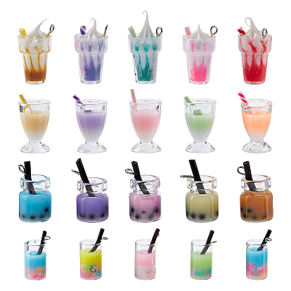40Pcs 20 Style Epoxy Resin and Polymer Clay Pendant, and Glass Bottle Decorations, Imitation Fruit Juice Charms, Platinum Tone Iron Eye Pin