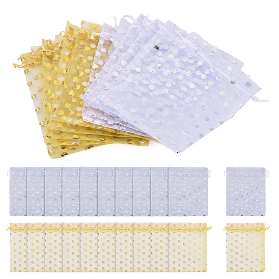 2 Colors Hot Stamping Polka Dot Organza Jewelry Drawstring Bags, Mesh Polyester Gift Bags, for Wedding Party Candy Mesh Packaging, Rectangle
