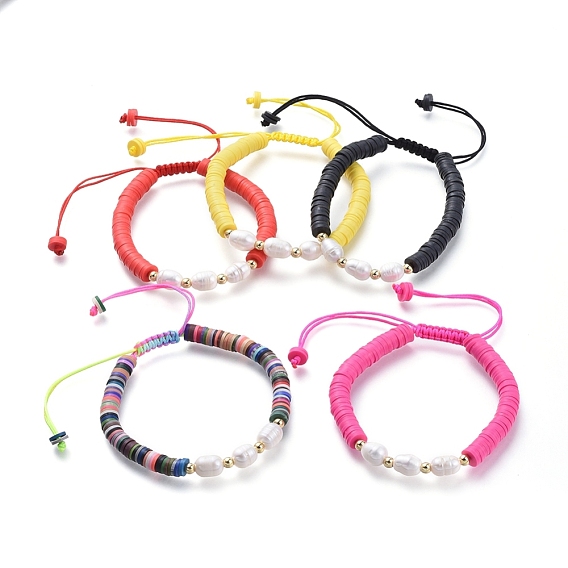 Adjustable Nylon Thread Braided Bead Bracelets, with Natural Cultured Freshwater Pearls and Handmade Polymer Clay Beads, Brass Beads, Golden