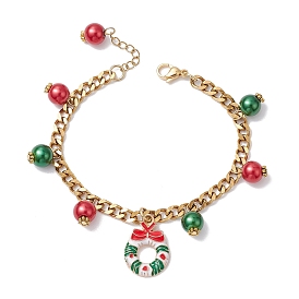 Christmas Theme Alloy Enamel Christmas Wreath Charms Bracelets for Women, with Acrylic Beads