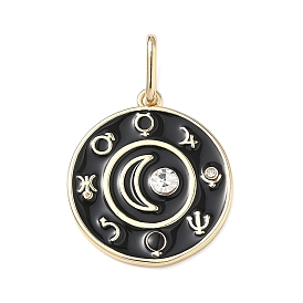 Латунь эмаль подвески, со стразами, плоские круглые с луной, золотые