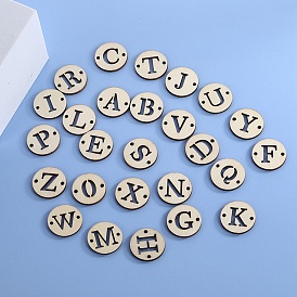 Natural Wood Links Connectors Sets, Flat Round with Letter A~Z