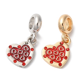 Rack Plating Alloy Light Siam Rhinestone European Dangle Charms, Large Hole Heart Pendants with Red Enamel, Cadmium Free & Nickel Free & Lead Free