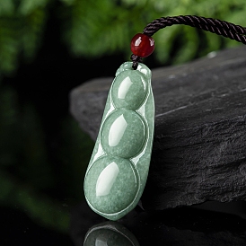 Natural Jadeite Carved Kidney Bean Pendant Necklaces, Adjustable Nylon Cord Slider Necklaces