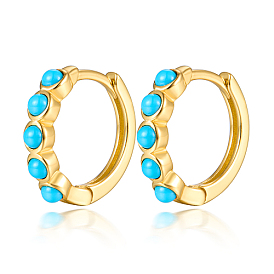 925 Sterling Silver Hoop Earrings, with Synthetic Turquoise Beads