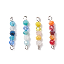 4 pcs 4 couleurs facettes rondes en verre perles connecteur charmes, avec teinte inox 304 doubles boucles inox