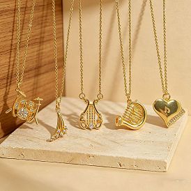 Music Theme Brass Pave Cubic Zirconia Pendant Necklaces for Women, Golden