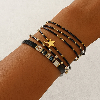 Винтажные эластичные браслеты из стеклянных и латунных бусин для женщин и девушек., черный и золотой