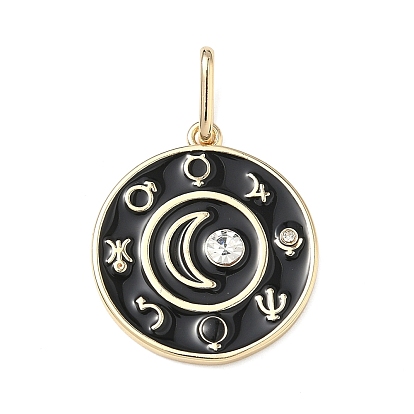 Латунь эмаль подвески, со стразами, плоские круглые с луной, золотые