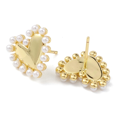 Heart Rack Plating Brass Stud Earrings for Women, with Plastic Pearl Bead, Long-Lasting Plated, Lead Free & Cadmium Free