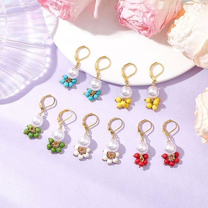 5пара латунных круглых серег с застежкой-рустиком, с искусственным жемчугом из АБС-пластика и синтетической бирюзой