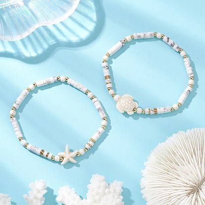 2шт. эластичные браслеты из бусин натурального говлита и окрашенной синтетической бирюзы для женщин, морская звезда и черепаха, с латунной бисера, реальный 18 k позолоченный