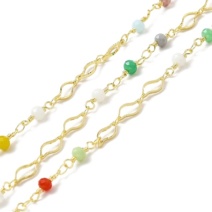 Handmade Eco-friendly Brass Leaf Link Chain, with Glass Beaded, Long-Lasting Plated, Golden, Soldered, with Spool