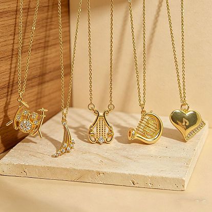 Music Theme Brass Pave Cubic Zirconia Pendant Necklaces for Women, Golden