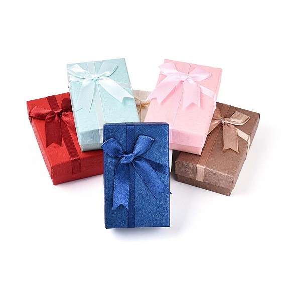 Картон комплект ювелирных изделий коробки, для ожерелья, кольцо, серьга, с лентой-бантом снаружи и белой губкой внутри, прямоугольные