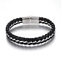 Leather Cord Bracelets, with 304 Stainless Steel Magnetic Clasps, Black