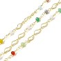 Handmade Eco-friendly Brass Leaf Link Chain, with Glass Beaded, Long-Lasting Plated, Golden, Soldered, with Spool