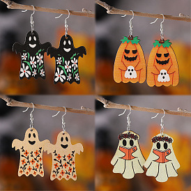 Halloween Wood Earrings, with Stainless Steel Earrings Hook, Ghost, Platinum