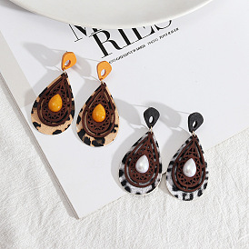 Leopard Print Leather Wood Inlay Drop Earrings with European and American Style
