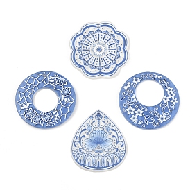 Непрозрачные печатные рельефные акриловые подвески, синий и белый фарфоровый узор