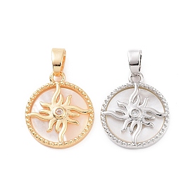 Brass Micro Pave Clear Cubic Zirconia Pendants, with Shell, Flat Round with Sun Charm