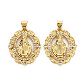 Brass Micro Pave Cubic Zirconia Pendants, Nickel Free, Oval with Virgin