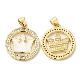 Rack Plating Brass Micro Pave Clear Cubic Zirconia Pendants, with Resin Imitation Opal, Cadmium Free & Lead Free, Long-Lasting Plated, Flat Round with Crown Charms