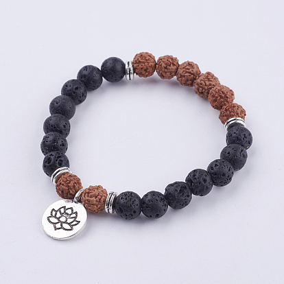 Yoga Chakra Jewelry, Lava Rock Bodhi Wood Beads and Stretch Charm Bracelets, with Tibetan Style Alloy Findings