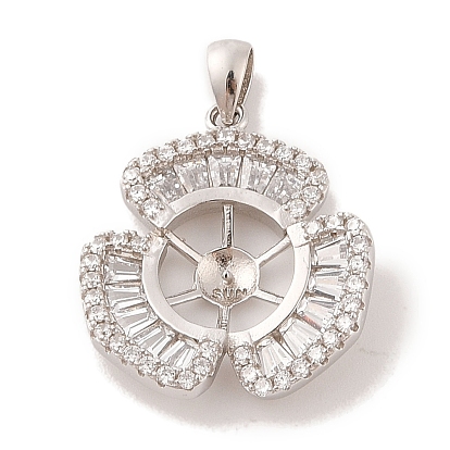 925 Sterling Silver Peg Bail Pendants, with Cubic Zirconia, Hollow Snowflower Charm, for Half Drilled Beads