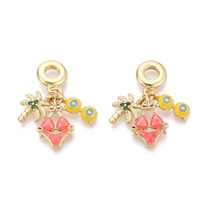 Европейские подвески-шармы из латуни с микропаве из прозрачных кубических цирконий и эмали, бикини, очки и кокосовая пальма, Подвески с большими отверстиями, реальный 18 k позолоченный