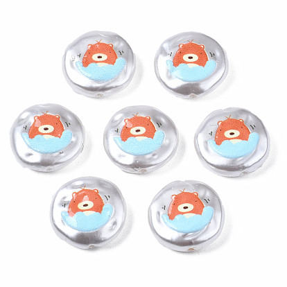 3D Printed ABS Plastic Imitation Pearl Beads, Flat Round with Bear