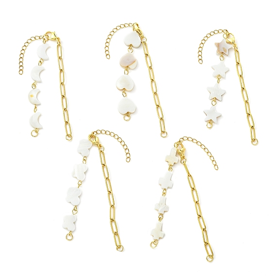 304 Браслет из цепочки из нержавеющей стали в виде скрепки и звеньев в форме звезды, сердца и луны из натуральной ракушки, разнообразные, цвет морской раковины