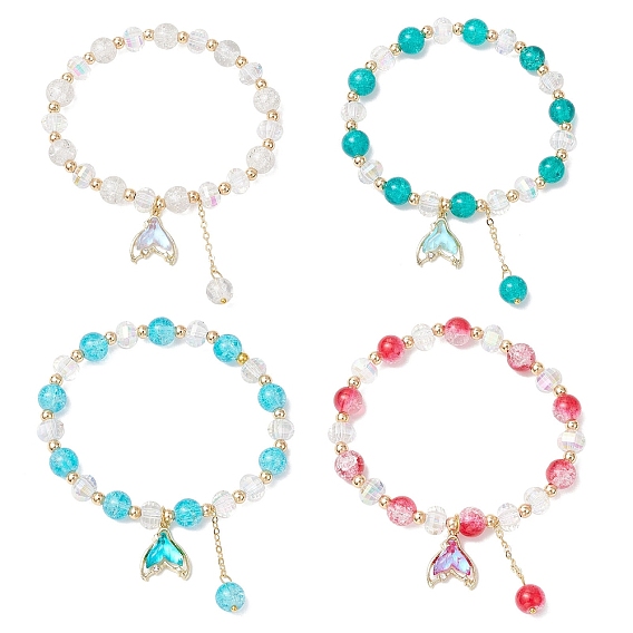 4шт. латунные стеклянные бусины эластичные браслеты, браслеты с подвесками из сплава «рыбий хвост» для женщин